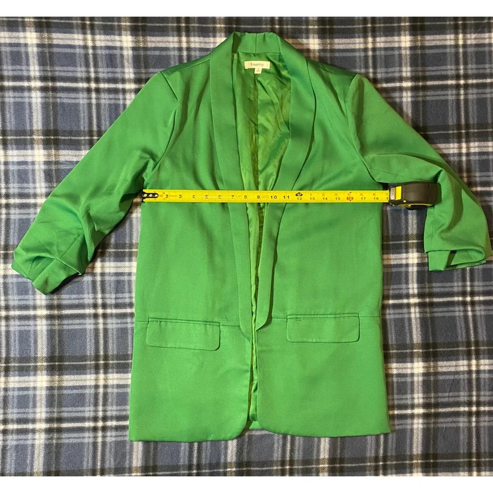 Freeme Womens‎ Green Ruched 3/4 Sleeve Open Front Blazer Jacket FRJ1258W Small